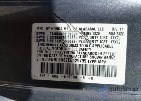 2014 Honda Odyssey Ex-L from USA, damaged, VIN 5FNRL5H67EB129799